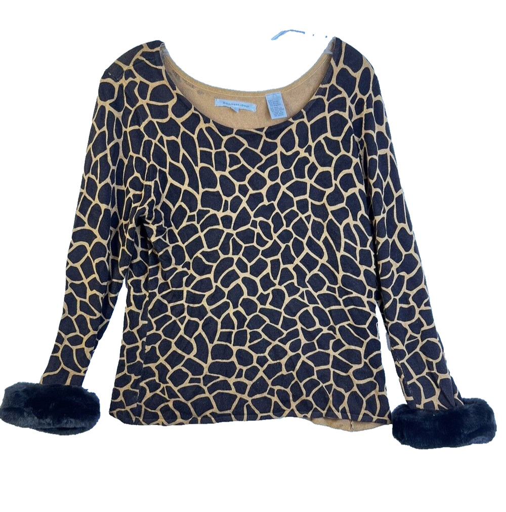 Ballinger Gold Animal Print Sweater Women's Large Giraffe Faux Fur Cuff Mob Wife